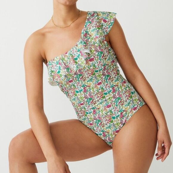 J. Crew Size 2 Ruffle One Shoulder Swimsuit Liberty Floral Print Recycled Fabric - Picture 7 of 14